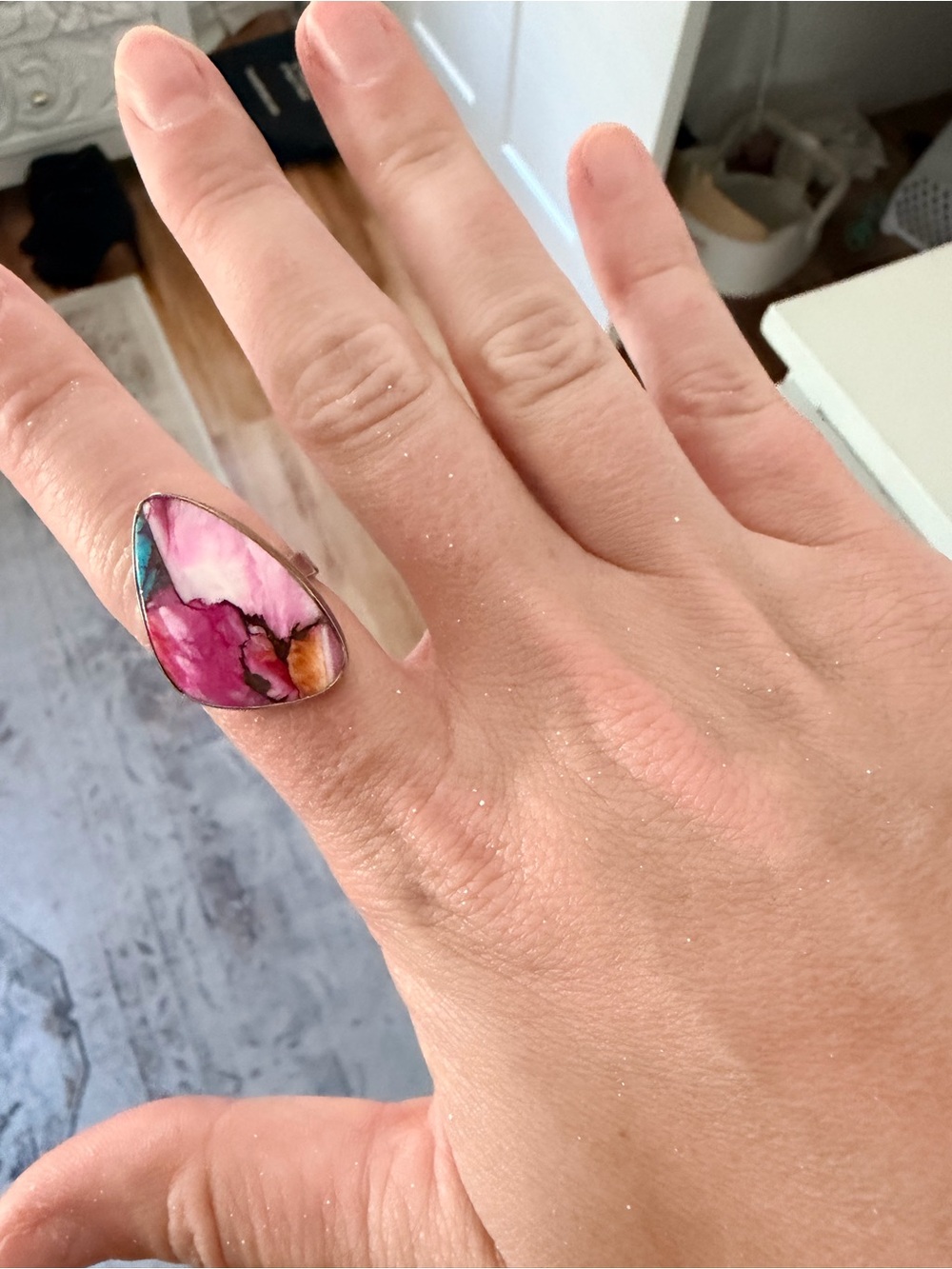 Pink Multicolor Inlay Stone Statement Ring - Picture 2 of 4